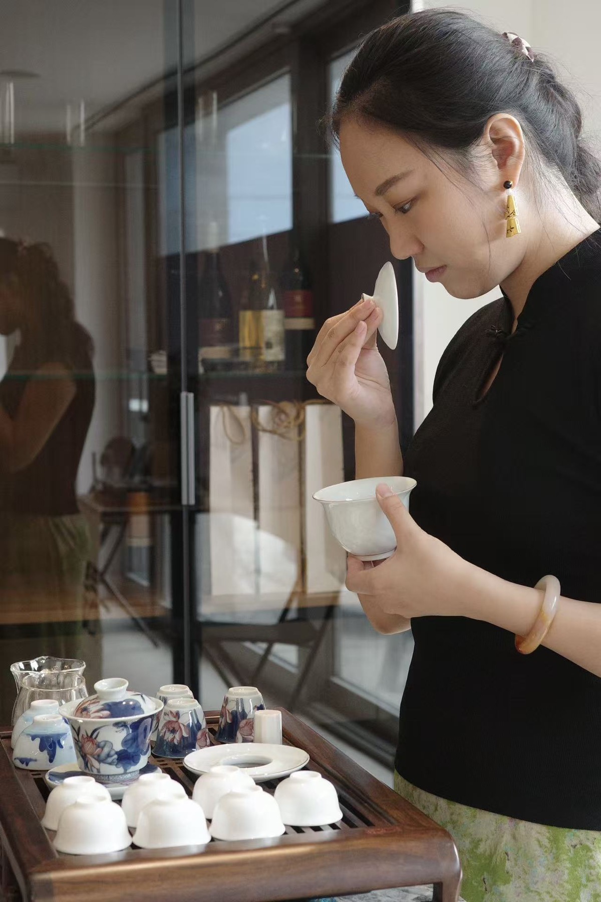 Smelling tea during a gongfu tea session